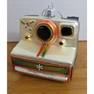 RETRO INSTANT CAMERA BLOWN GLASS CHRISTMAS ORNAMENT UNIQUE POLAROID PHOTOGRAPHY